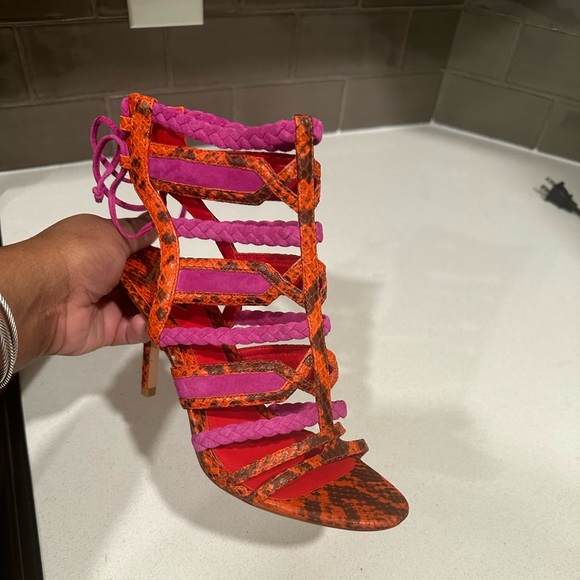 Brian Atwood Shoes - B Brian Atwood Elisa Python Tie-Back Sandal, Orange/Pink